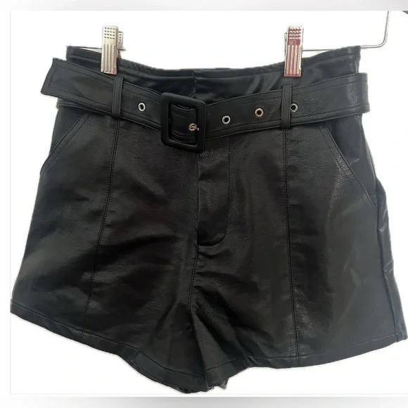 Altar’d State Faux Leather Shorts Black Zip Front Belted High Waisted Size Small - Picture 2 of 4